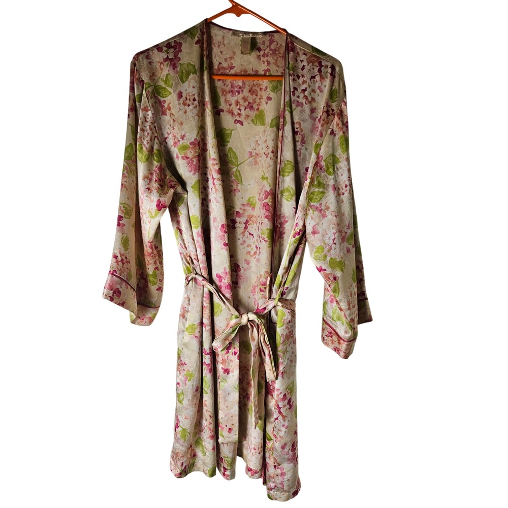 Oscar‎ de la Renta Fine Label Pink Floral Satin Kimono Wrap Robe Short Belted M
